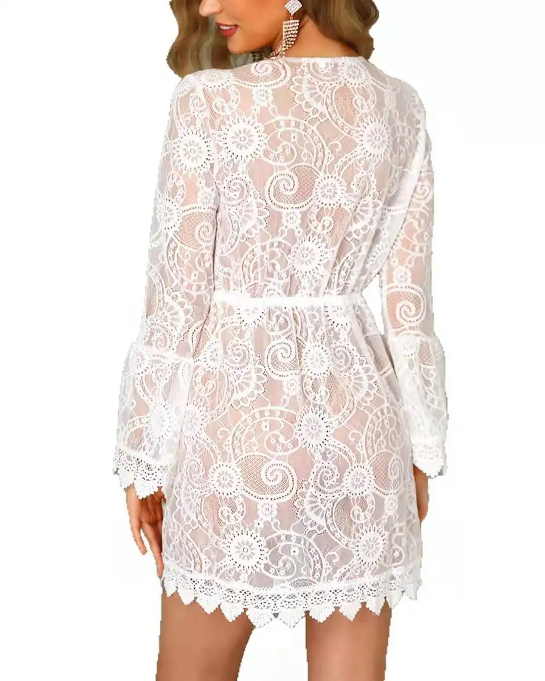 Robe de plage en dentelle transparente, motif Floral, blanche, à manches  longues, Cover up pour les maillots de bain, tunique, costume de bain, pour 