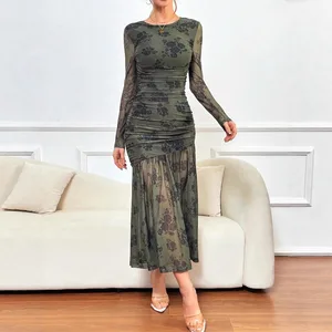 Floral Print Mesh Dress Long Sleeved Pleated Women Long Dress Wholesale