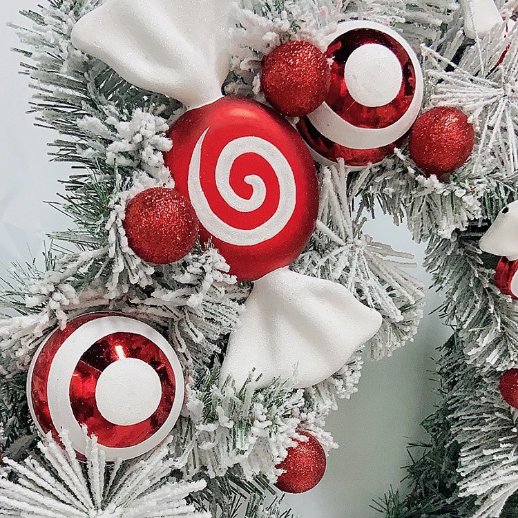 24 дюйма Белый Стекались орнамент конфеты Рождественский венок для передней двери фестиваль внутренней отделки Красный Белый тема конфеты