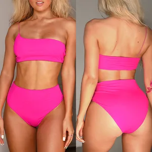 2021 Sexy Two Piece Swimming Suits One Shoulder Bikini Set High Waist Bikini for Women