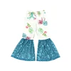 Pantalones acampanados para niños con lentejuelas cian suculentas blancas