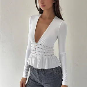 Clothing Manufacturer Wholesale Women's Clothing Iron Nail Sexy Deep V-neck Long-sleeved Ladies T-shirt Women's Top