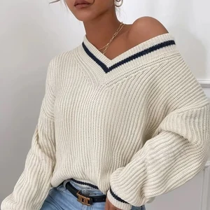 2025 New Fashion Women's Casual Loose Knitted Sweater New French Striped V-Neck Geometric Front for Autumn Top