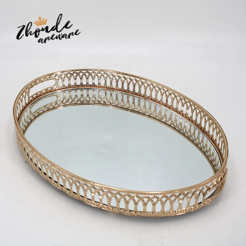 Wholesale Coffee Serving Glass Mirror Tray For Perfumes Tea Gold Metal Tray