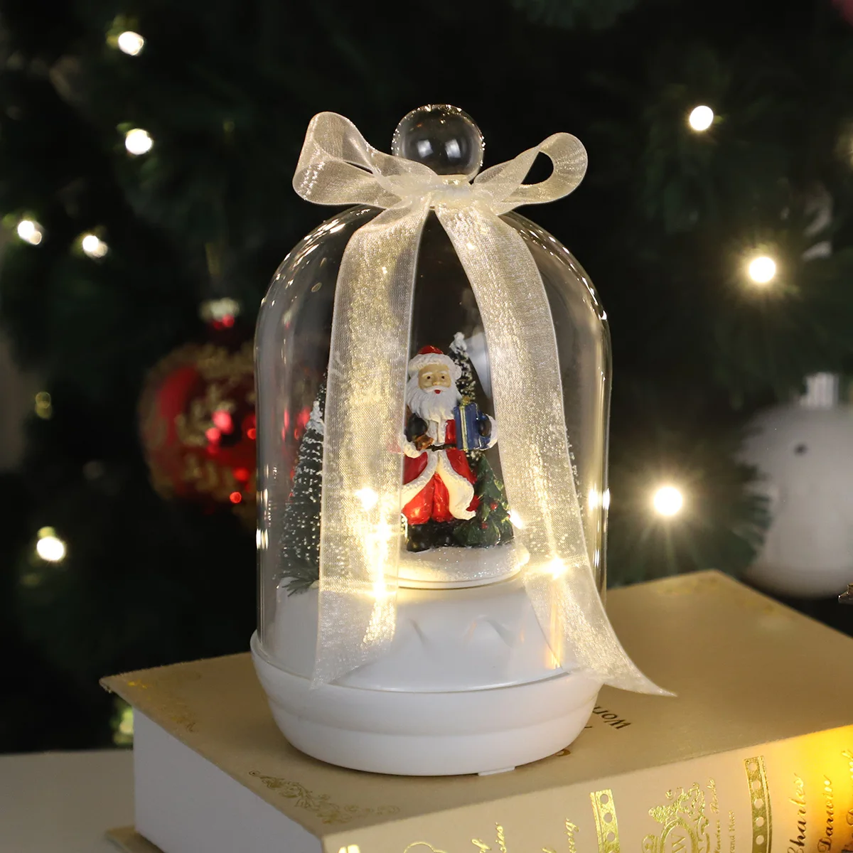 Custom Made Christmas Fairy Light Battery lit Christmas Clear Glass Musical Dome with rotating festive winter characters inside details