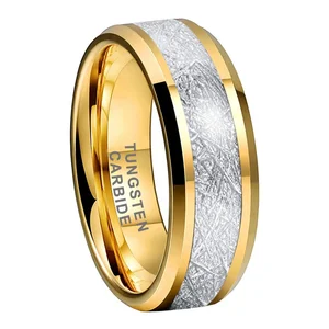Coolstyle Jewelry 8mm Wholesale Meteorite Inlay Beveled Gold Tungsten Ring for Men Women Fashion Engagement Wedding Band