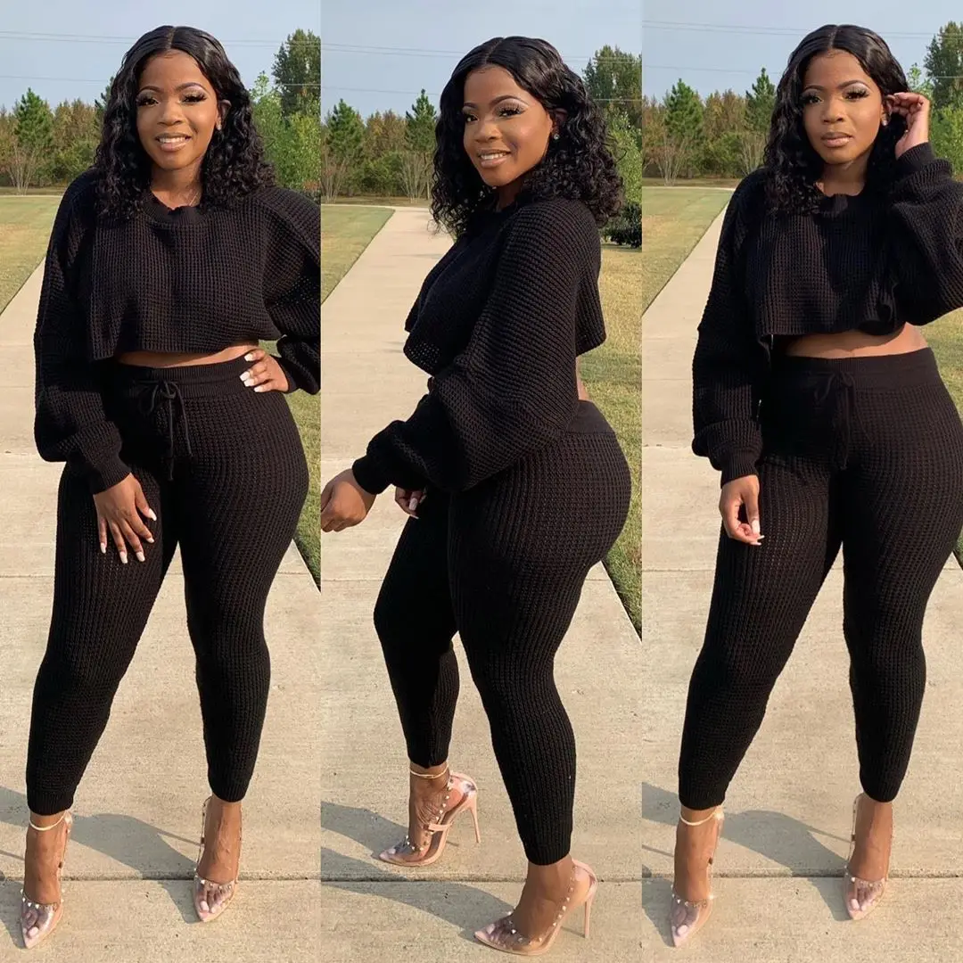 2022 Winter Sexy Solid Colors Long Sleeve Crewneck Crop Top Party Club Wear  Loose Sweater Outfits Women Two Piece Sets - Buy Clothing Vendors Waffle  Pattern Two Piece Set Women Clothing Winter