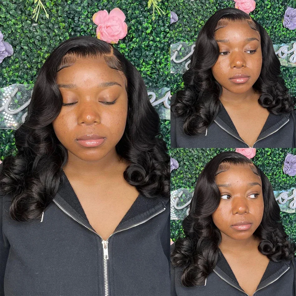 Parrucche frontali in pizzo brasiliano Remy Body Wave con chiusura in pizzo Bob corto con onda d'acqua e densità 250 per donne_voghion.com