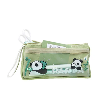 Large Capacity Student Canvas Pencil Case Cute Little Panda Storage Organizer with Zipper Closure Fabric Material