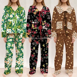 Soft Breathable Long Sleeve Lapel Bow Tie Pocket Top Pants Loose Fit All Over Print Pajama Set Women