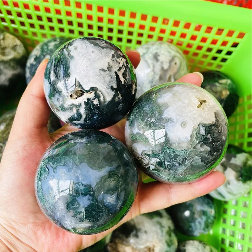 High Quality Natural Green Moss Agate Crystal Sphere With Druzy Geode for Healing