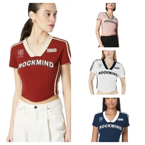 Ready to Ship Casual Summer Women's Cotton Short Sleeve T-Shirt Boutique Crop Top with Anti-Pilling Feature Printed Pattern