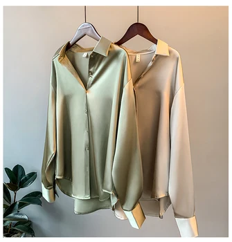 Breathable Solid Silk Women Blouse Ladies Long Sleeve Satin Shirts V Neck Office Blouse Shirt