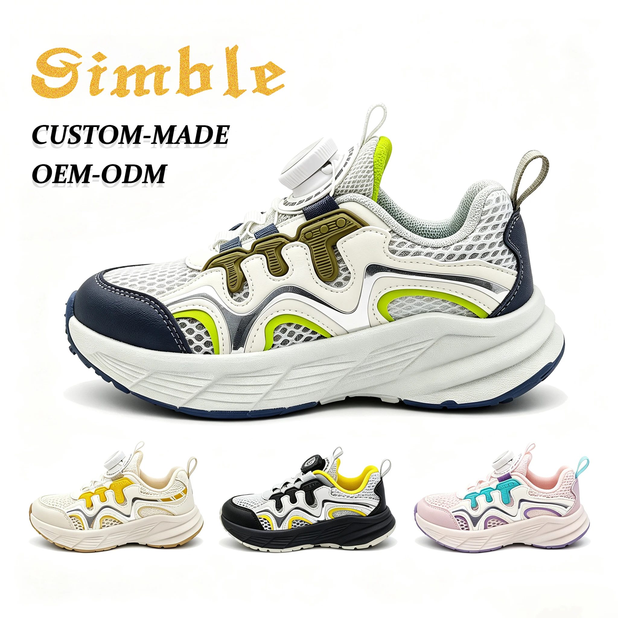 OEM Factory Rotary Buckle Kids Sneakers Breathable Mesh Shock Absorbing Outsole for Children Sport Footwear
