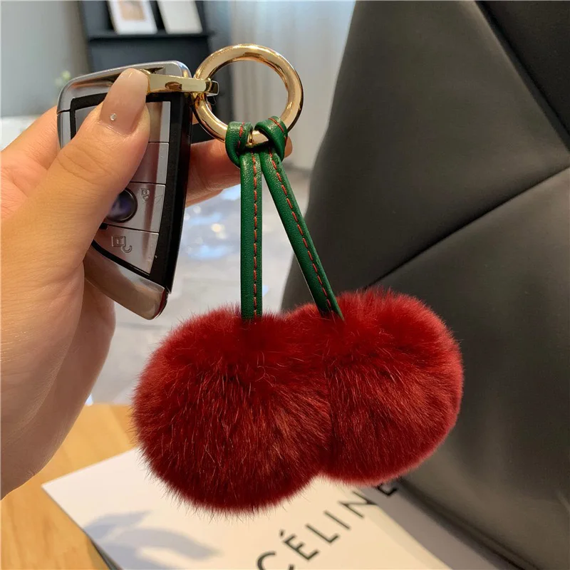 Wholesale Rabbit Plush Cherry Key Chain Pompons Faux Rabbit Fur Fluffy Keychains Buy Pink Fur