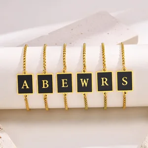 Personalized 26 Letters Gold Plated Bracelet with Adjustable Chain Black Enamel Square Charm Stainless Steel Material