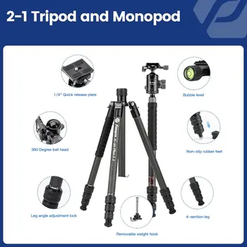 Fotopro 73" Professional Carbon Fiber Compact Travel Tripod with Ball Head Camera Detachable Monopod for Shooting detail image