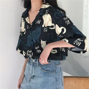 Blouses Vintage Shirts for Women Cat Printed Korean Basic Loose Chic Design Ladies Shirts Daily College Street Womens Blouse Top