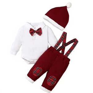 Baby Boy Clothing Sets Long Sleeve Santa Embroidery Romper with Plaid Overalls Hat 3Pcs Christmas Outfits China