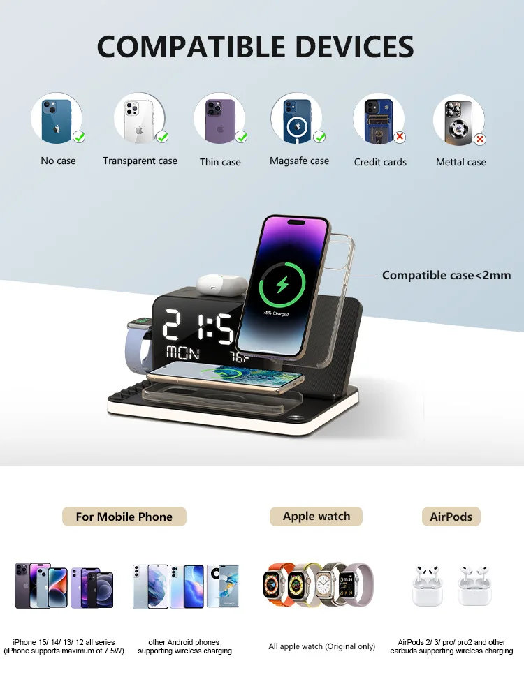 New 30w Wireless Charging Station 7 in 1 4Wireless Chargers with Supporting Touch Lights Temperature Display for Iphone/watch