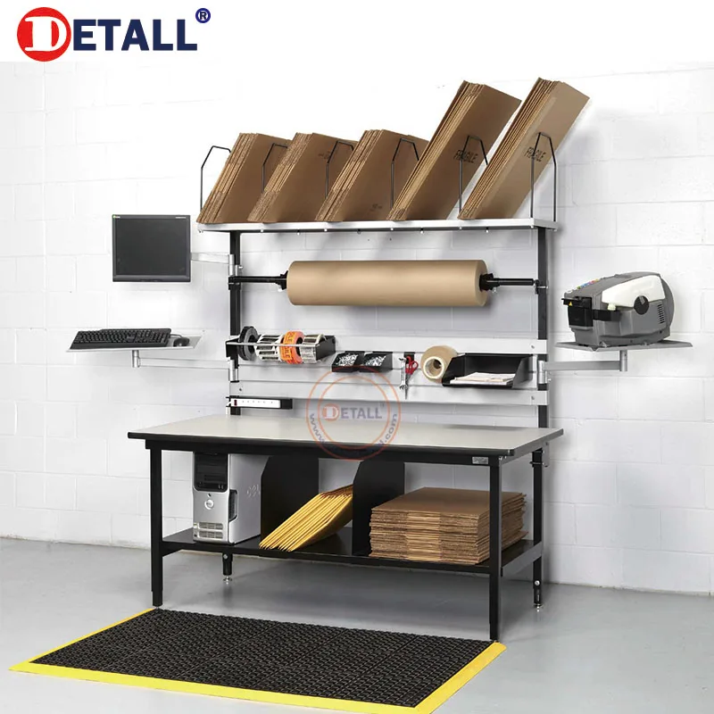 390USD Parcel Packing Table Functional Packaging Bubble Wrap Cutter Work Bench with Cartons Shelf