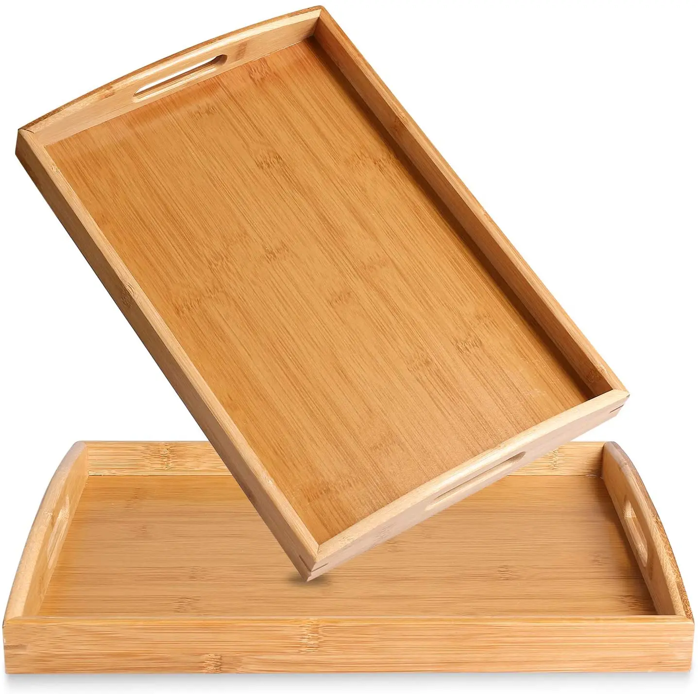Natural Bamboo Serving Tray with Handles Nesting Stackable Rectangular Wooden Food Platter for Breakfast Tea Kitchen Restaurant