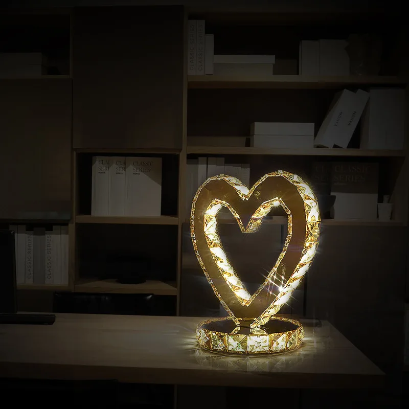 Heart-shaped table lamp simple decoration stainless steel crystal lamp bedroom table light living room LED lamp