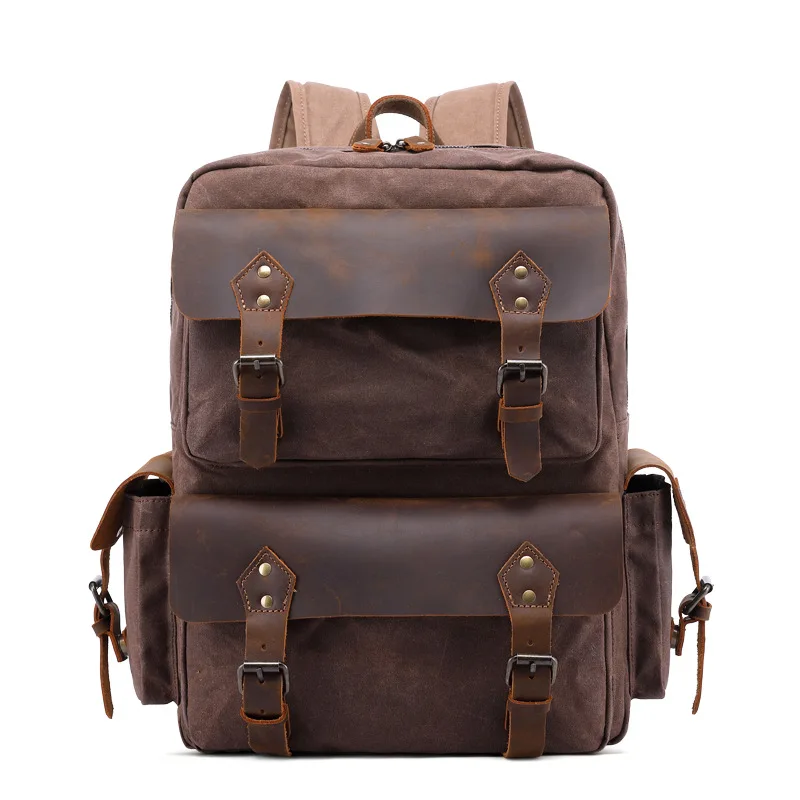 in stock  multi-pocket backpack retro travel bag oil wax canvas backpack with laptop compartment