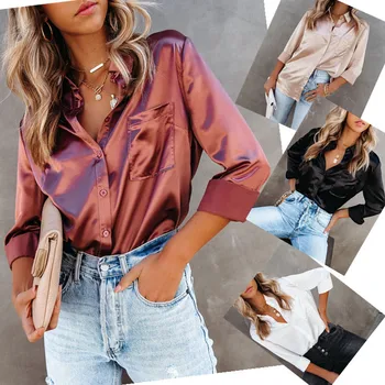 lady plus size women's blouses & shirts new arrival solid casual women shirt top amazon hot sale long sleeve satin shirt