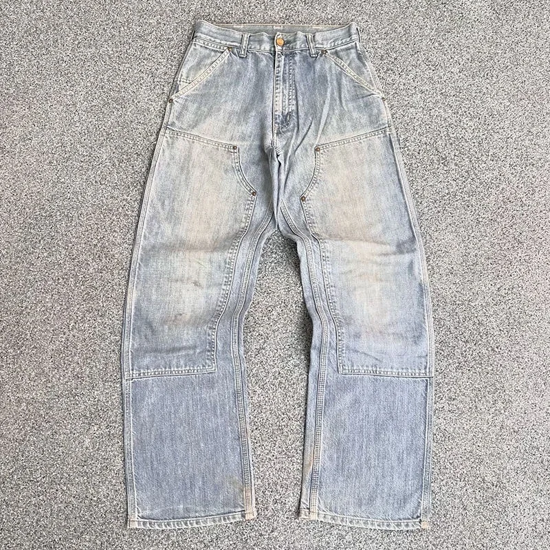 Salati Brand Custom Trouser Distressed Blue Straight Washed Cotton Sun Faded Oversized Double Knee Vintage Denim Pants Men Jeans gallery 7