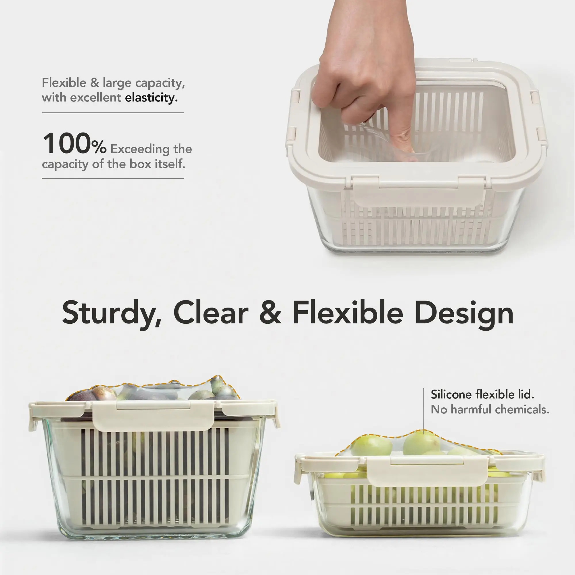 Produce Storage Containers for Fridge with Removable Colanders, Flexible Silicone Lids,LeakProof, BPA-Free