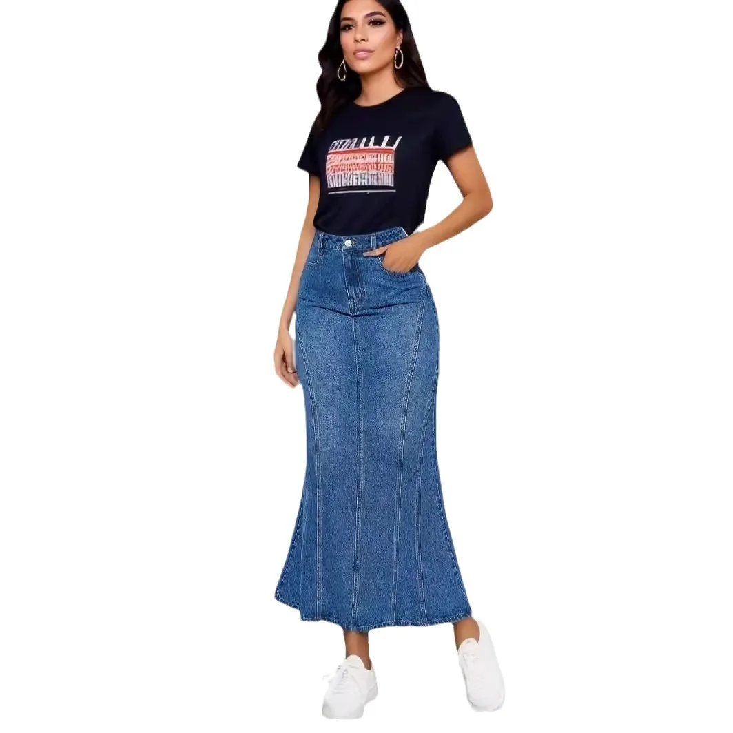 Modern Denim Casual Pockets Women Long Jeans Skirt Sexy Women Long Jean Skirts