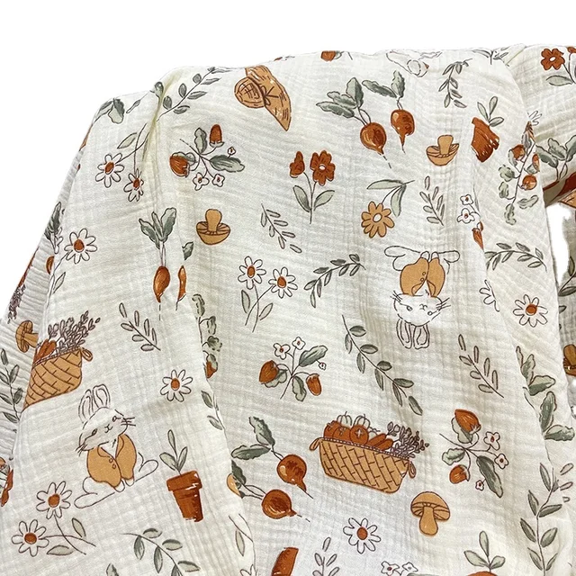 Wholesale ready-made inventory cartoon pattern 100% pure cotton rabbit printing double layer gauze swaddling blanket fabric