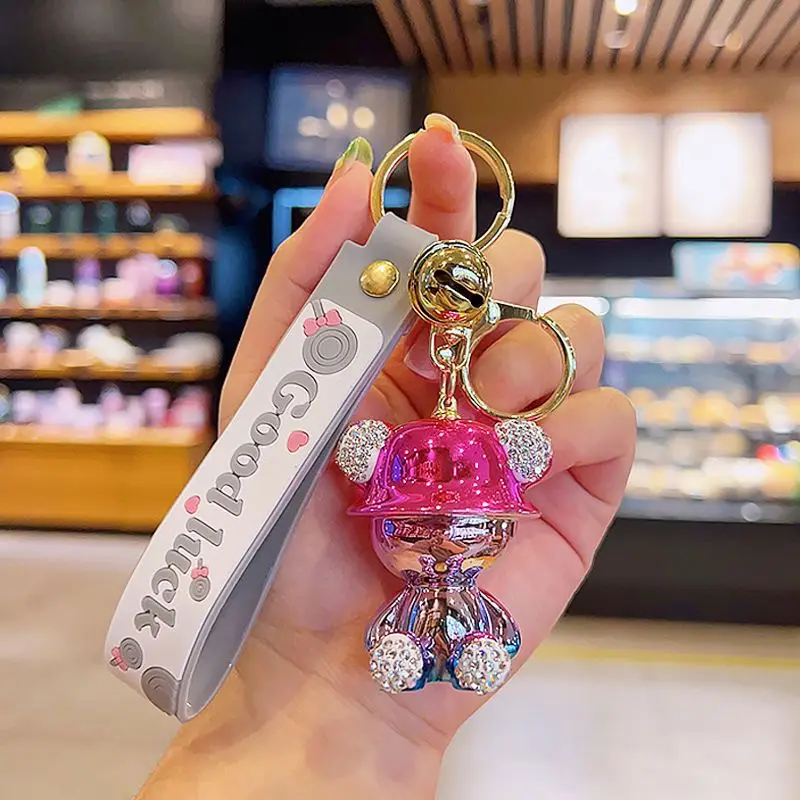 Custom Wholesale Electroplated Bear Keychain 3D Rubber Bear Doll Keyring with Leather Rope Pendant for Girl Gift