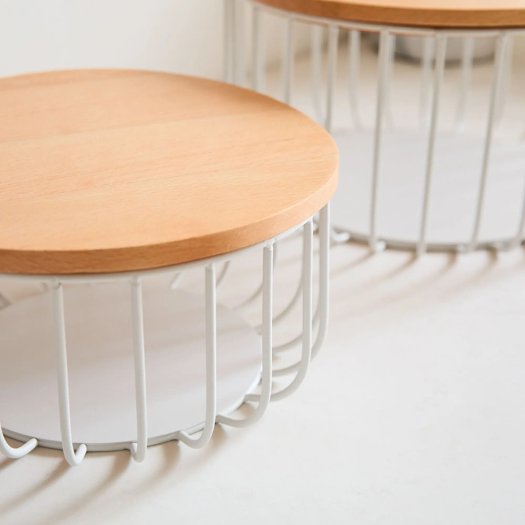 Durable Set of 2 Metal and Wood Storage Basket, Fruit and Onion Tomato Potato Basket
