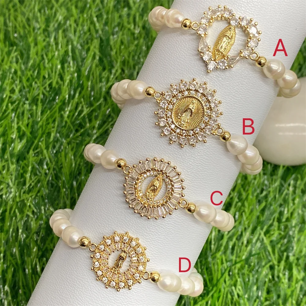 18K Gold Plated Micro Pave CZ Virgin Mary Charm Freshwater Pearl Beaded Stretch Bracelets for Women Religious Fashion Jewelry