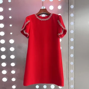 AELESEEN 2026 Spring Summer Mini Dress Elegant O-Neck Red Black Pink White Luxury Beading Diamond Nail Drill Short Sleeve Casual