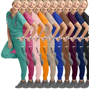 Women's Teal V-neck Medical Scrub Set Multi-Pocket Tuckable Top & Drawstring Jogger Pants for Healthcare Staff, Nursing Scrubs