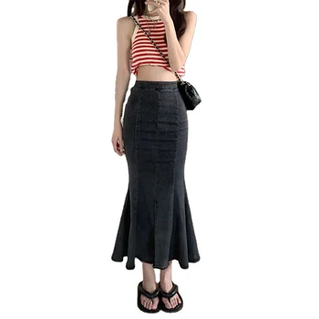 New Women Summer Denim High Waist Fishtail Skirt Lady Jeans Dress Female Cowboy Skirt Black