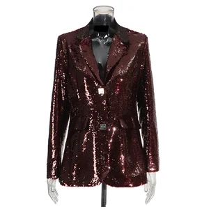 Customize Solid Woven Sequins Design Tops Summer New Square Button V-Neck Women's Blazer Suit Jacket Fashion