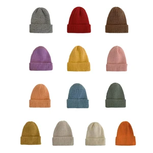 S0069 Custom Logo Cotton Yarn Baby Beanie Hats Children Dobby Plain Knitted Kids Beanie Hat for Winter