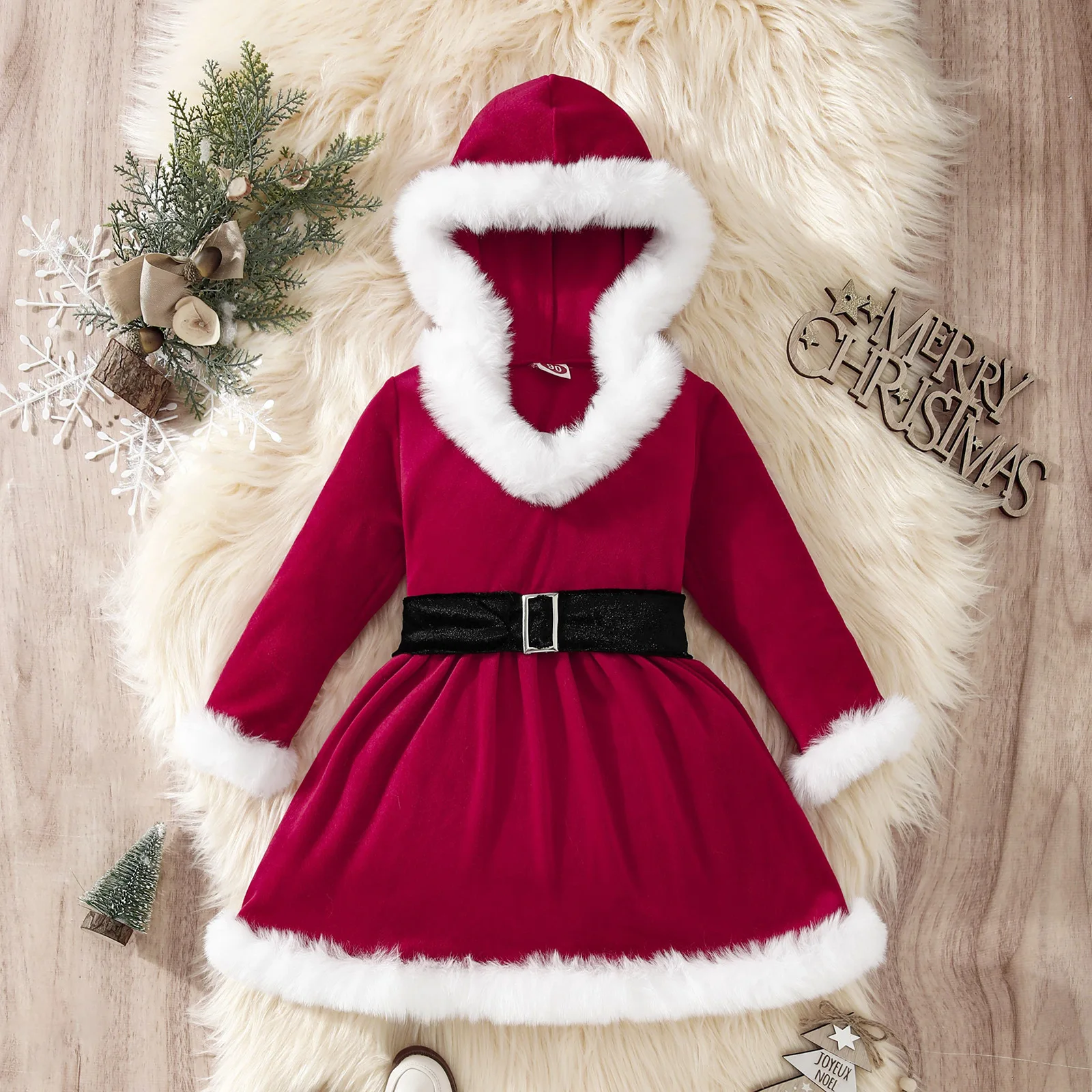 Mrs. Santa Red Velvet Hoodie Dresses with Belt for Kids