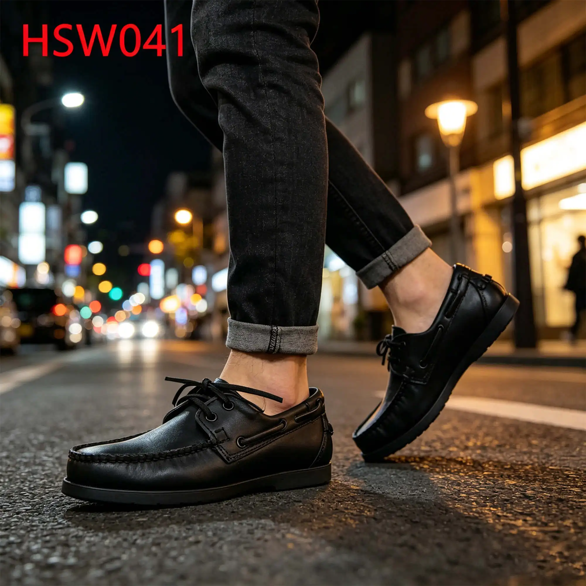 HY,factory Price Full Genuine Leather Lace-up Black Boat Shoes Anti-slippery Walking Casual Shoes Popular in Singapore HSW041