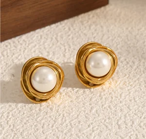 Loftily Pearl Stud Earrings French Vintage Trendy 18K Gold Plated Spiral Round Bead Stainless Steel