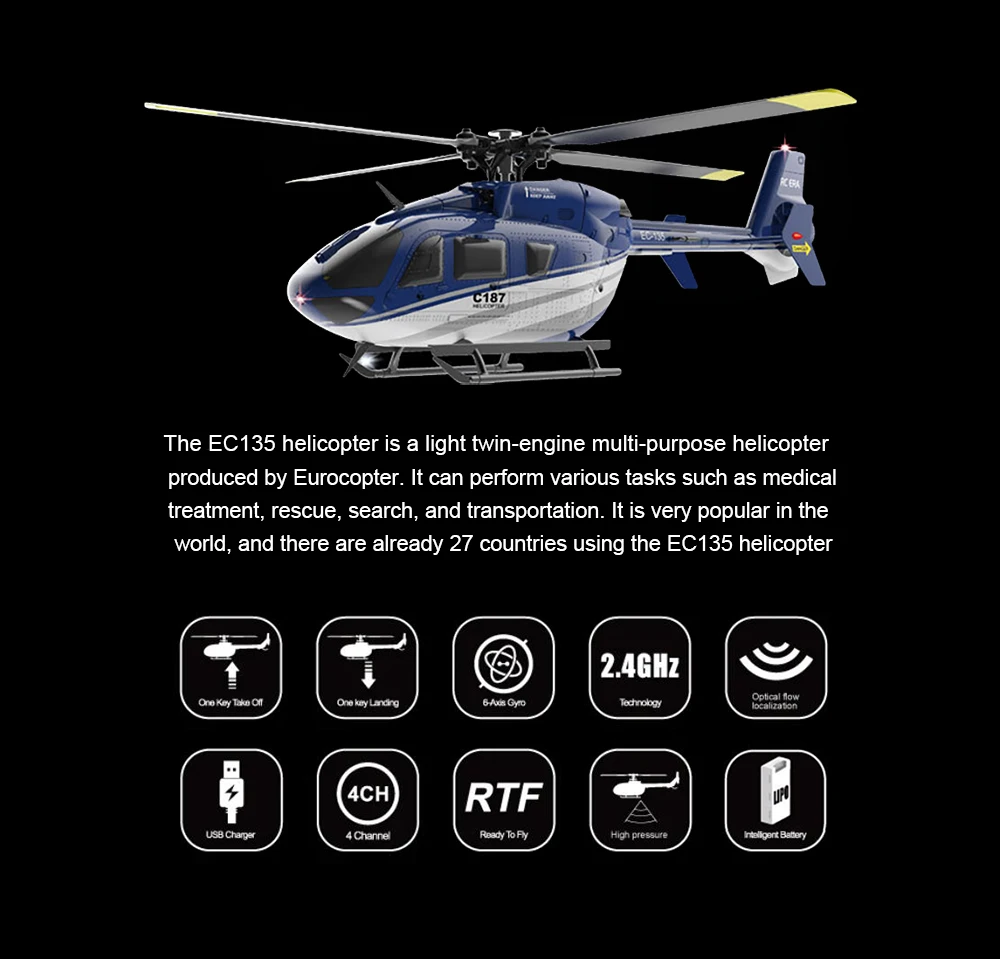 Hoshi RC ERA C187 Helicopter 2.4G 4CH Single Blade EC-135 Scale 6-Axis Gyro Electric Flybarless RC Remote Control Helicopter RTF