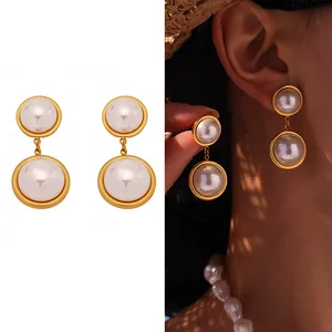 Fashion Jewelry No Fading Drop Earrings Stainless Steel Double Round  Pearl Pendant Earrings for Women