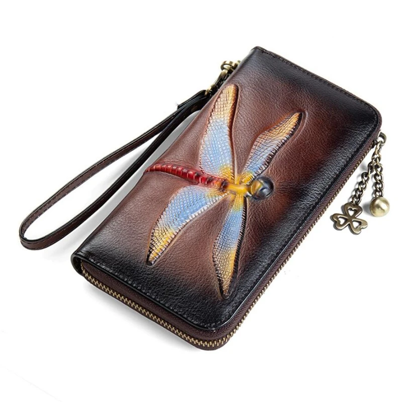 Wholesale Retail wholesale classic vintage hand painting carving dragonfly  RFID ladies purse and genuine leather wallet for women From m.