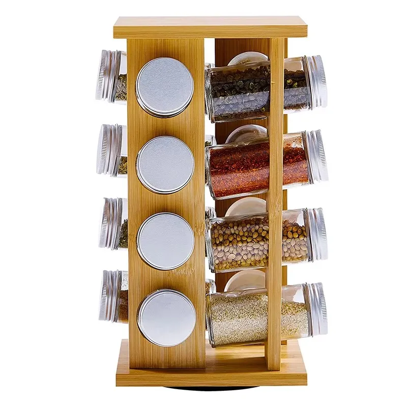 product 16 jars bamboo revolving seasoning bottles organizer shelf holder rotating spice rack for kitchen countertop-6