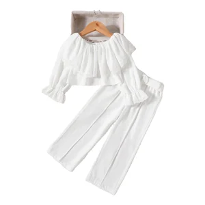 2023 Spring Autumn Wholesale Children Clothing White Color Lace Patchwork Tops Trousers 2Pcs Kids Sets Clothes for Girls