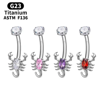 G23 Titanium 14G Navel Piercing Big Zircon Inlaid Belly Button Ring 10mm Long Scorpion Crystal PVD Plated Women Piercing Jewelry